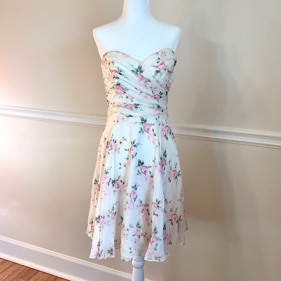 Betsey Johnson Dresses & Skirts - BETSEY JOHNSON Strapless Silk White Floral Dress 6